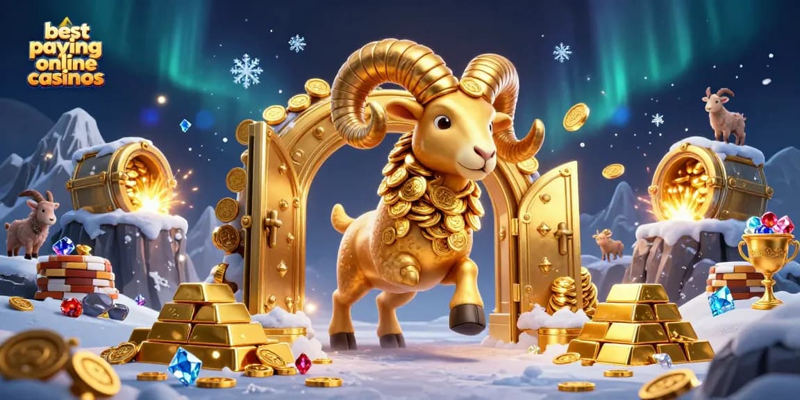 Feel the excitement at the best paying online casinos with this dynamic scene featuring a charging golden ram and treasure galore.