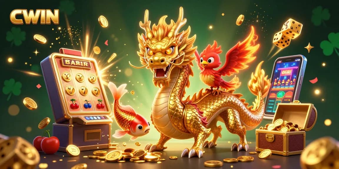 Experience thrilling wins at CWIN Casino with a vibrant scene featuring a dragon, phoenix, and koi amidst slot machines and coins.