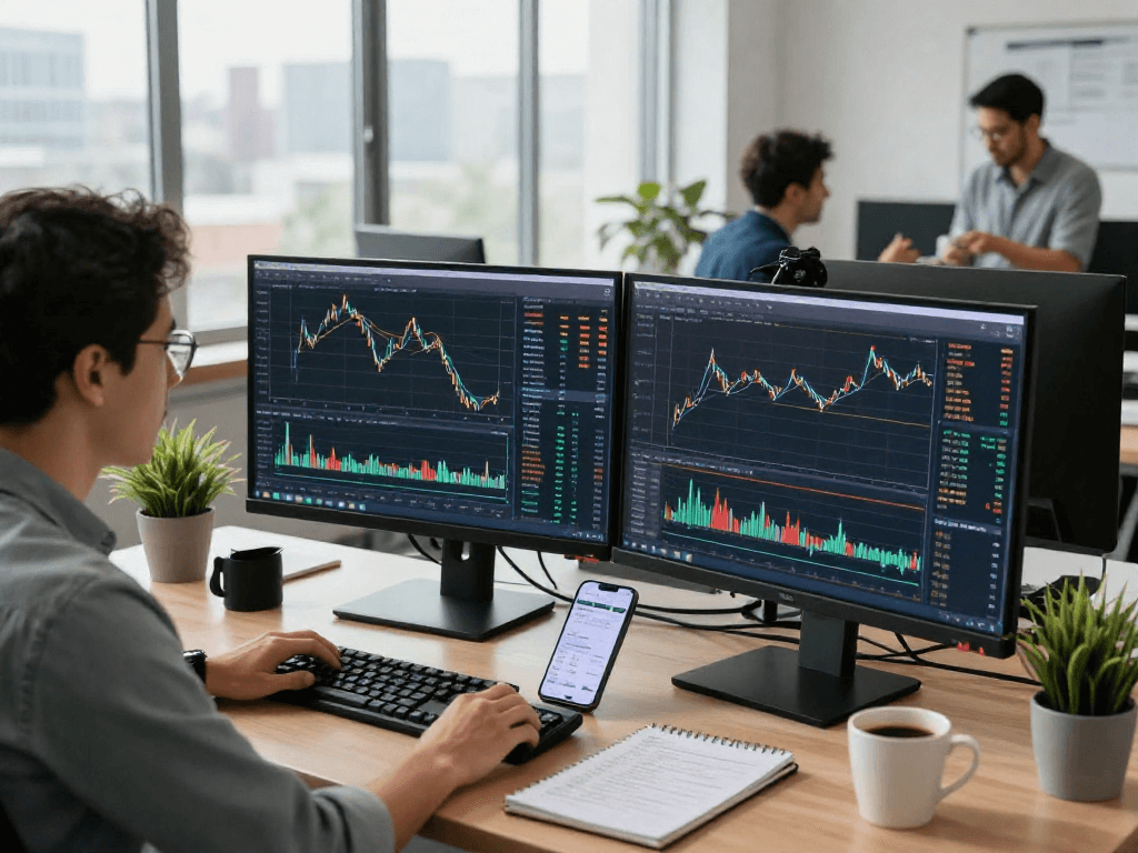 Traders using TradingView charts in a vibrant office, emphasizing market analysis.