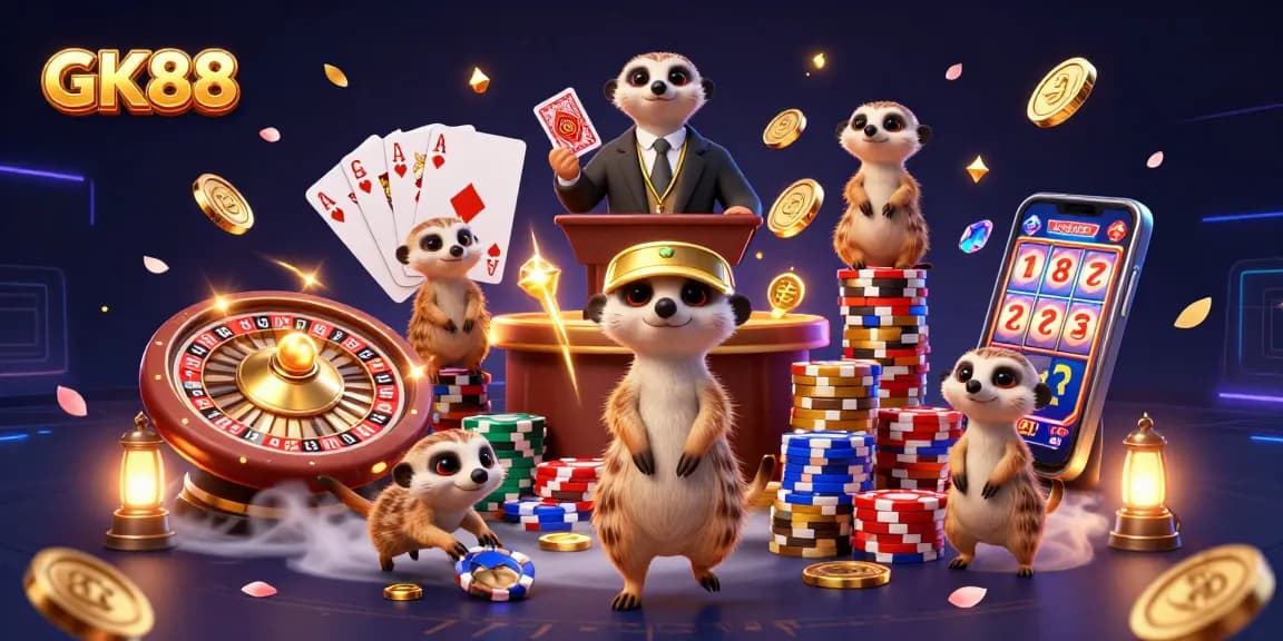 Experience the thrill of GK88 with meerkats managing a vibrant casino scene.