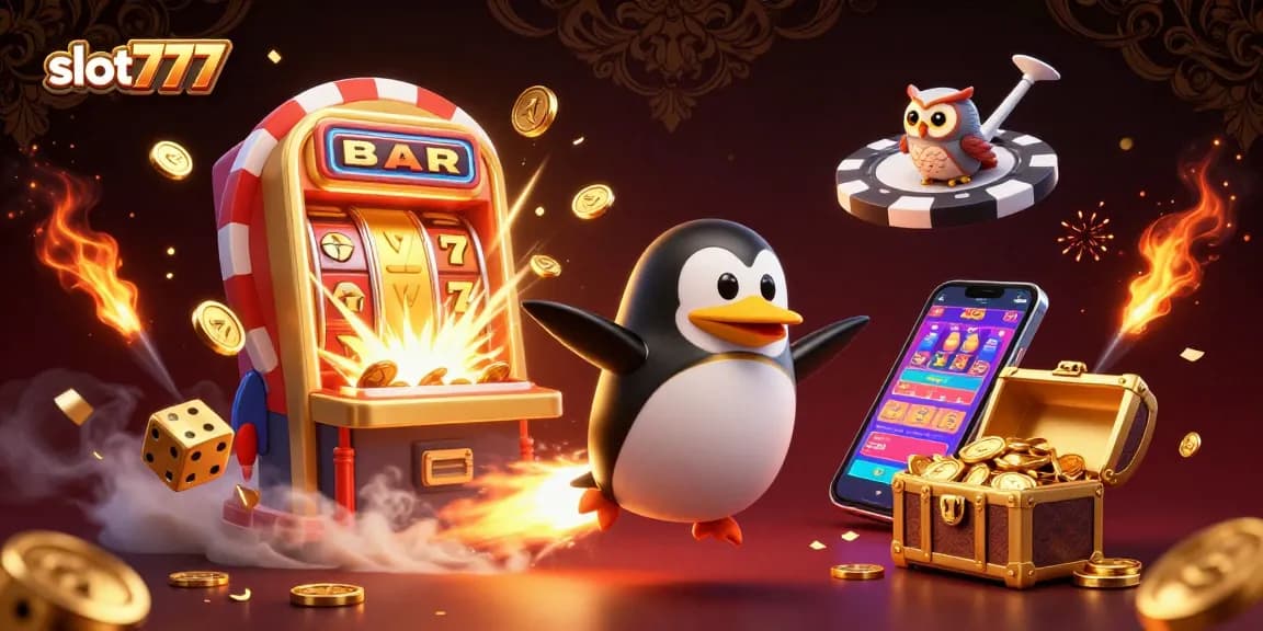 Experience thrilling wins with slot777 as a golden penguin blasts through a vibrant casino space adventure.