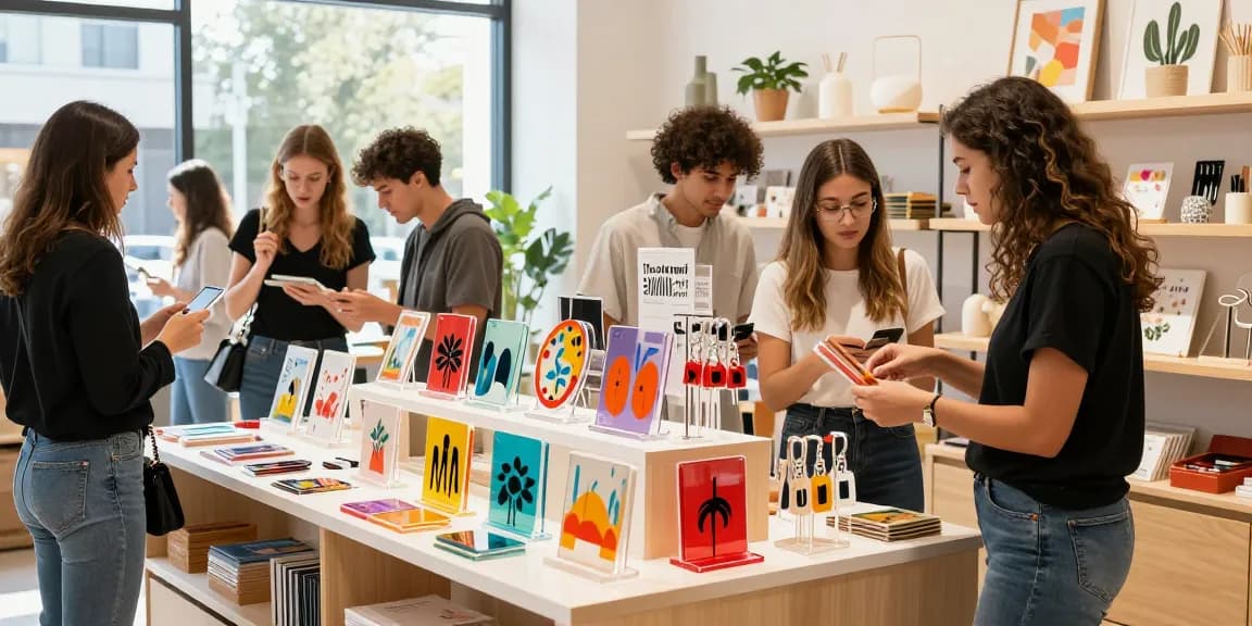 Vibrant scene of customers exploring custom acrylic stands in a lively lifestyle store.