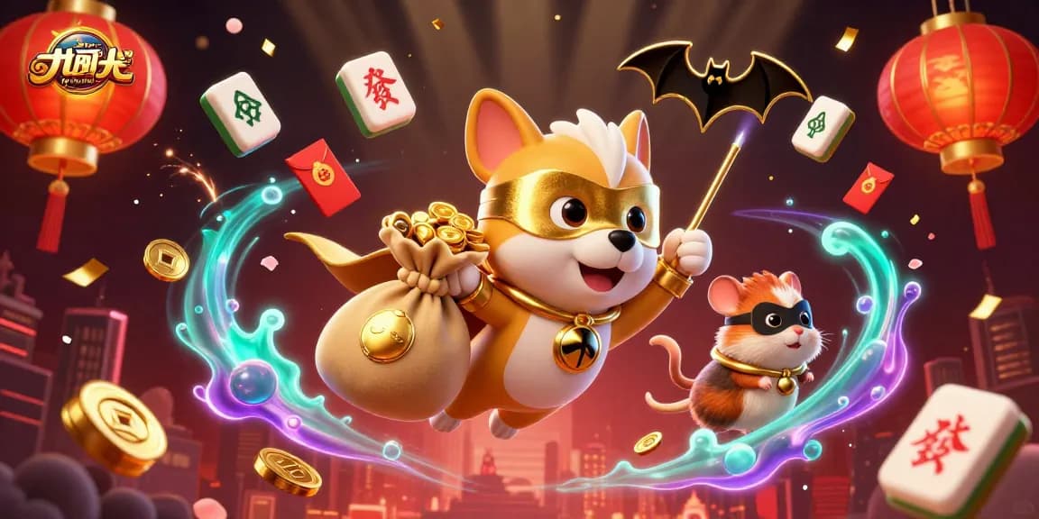 Capture the essence of betting strategies with a superhero dog and hamster flying against a vibrant casino-themed background while showcasing ty le keo nha cai.