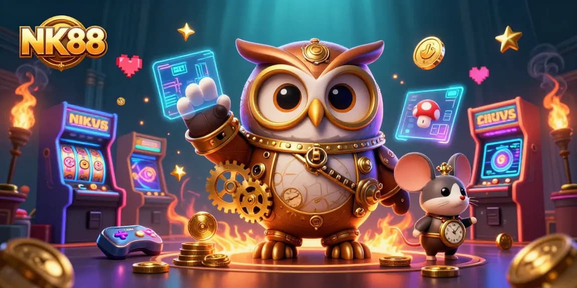 Enjoy thrilling slots and games at NK88, showcased with vibrant visuals and lively game elements.