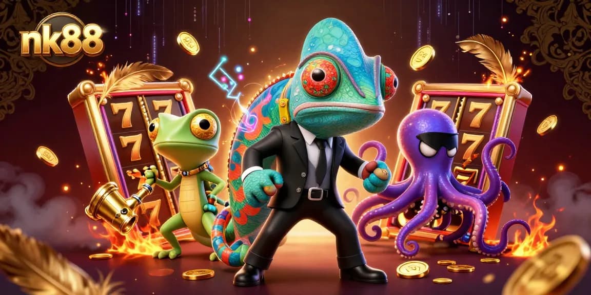Spin to win at nk88 with a colorful scene featuring the secret agent chameleon and friends.