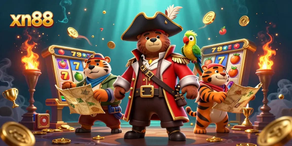 Win exciting rewards at xn88 with a vibrant casino scene featuring themed slots and playful characters.
