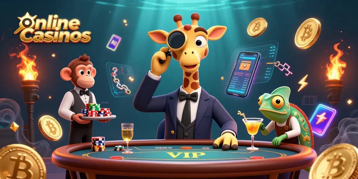 Engage with top online casinos through exciting 3D illustration of a giraffe, monkey, and chameleon in a lively casino scene.