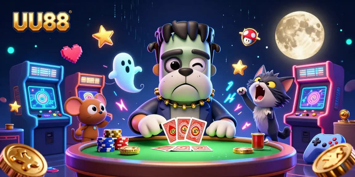 UU88 gaming experience with a Frankenstein bulldog dealing cards and a floating ghost mouse at a vibrant casino table.