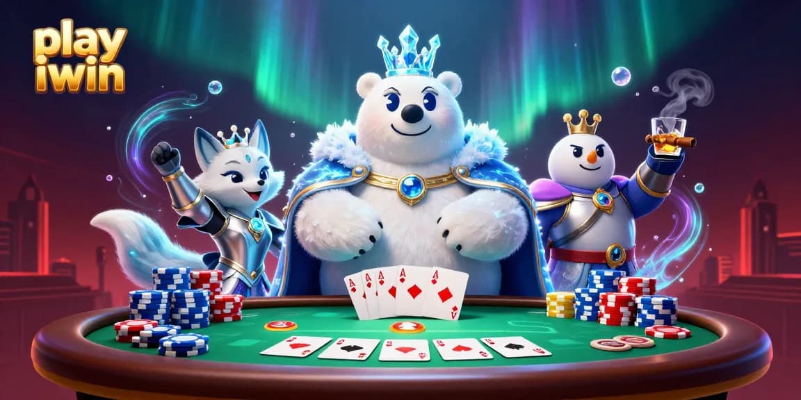 Play iwin in a vibrant casino scene with an ice king polar bear and poker elements.