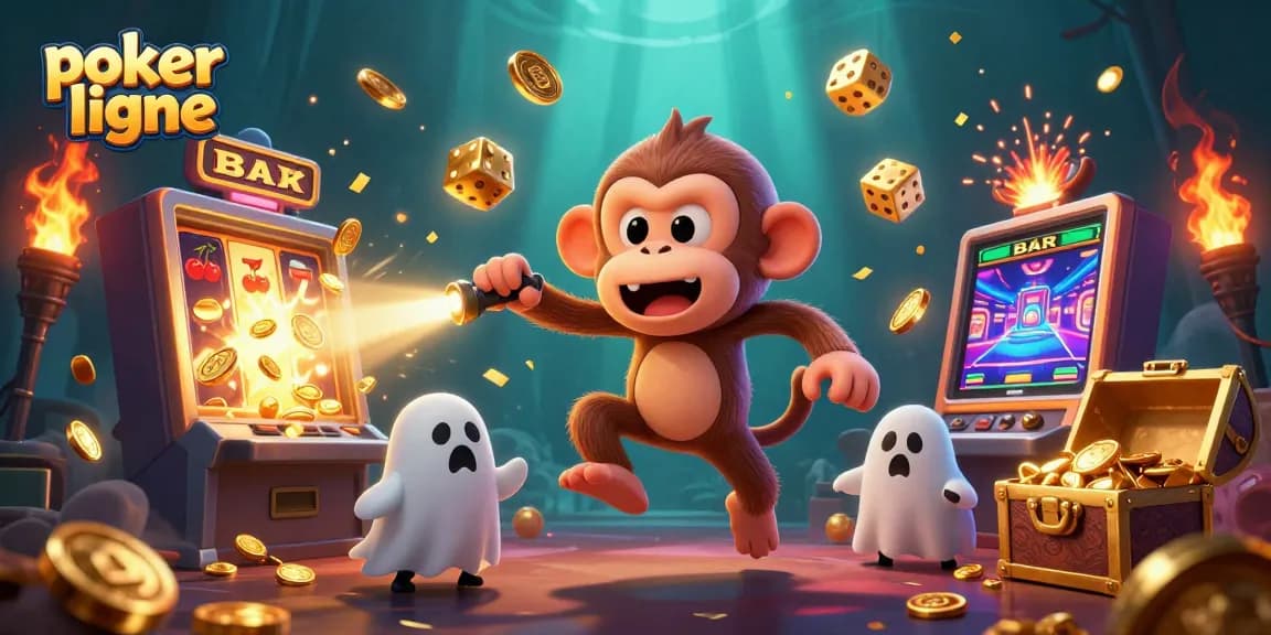 Découvrez une scène captivante du poker en ligne avec un singe poltergeist jongleur et un chiot chasseur de fantômes dans un casino hanté.