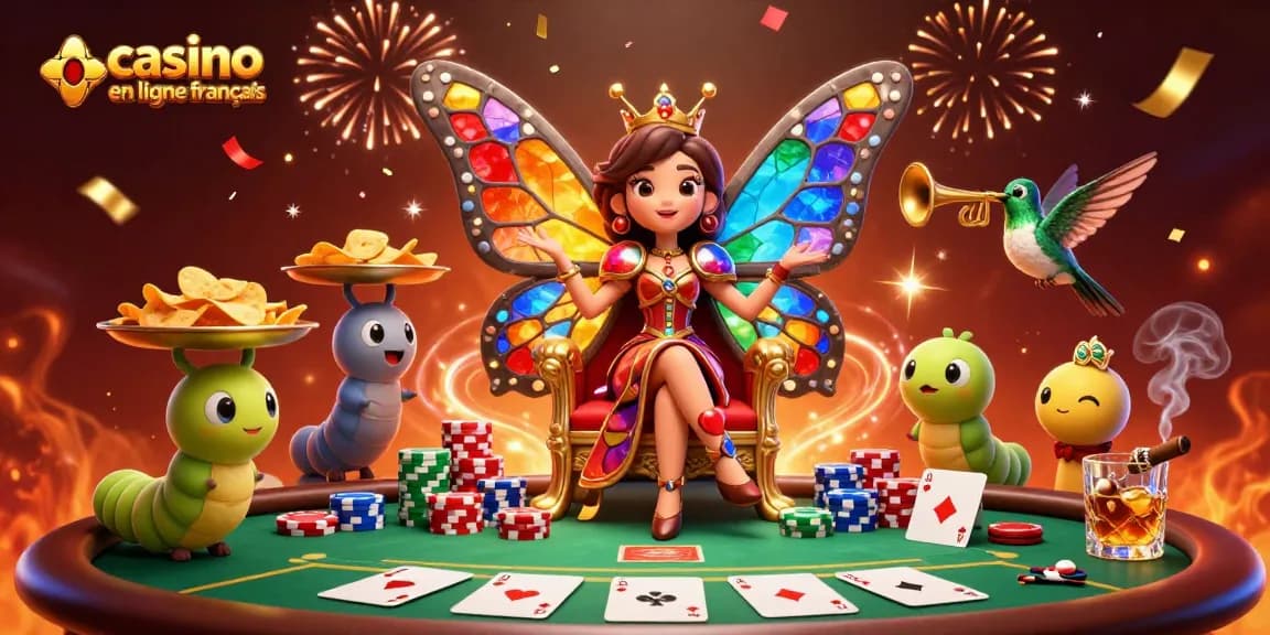 Découvrez le monde du casino en ligne français avec une reine papillon et des éléments de poker captivants.