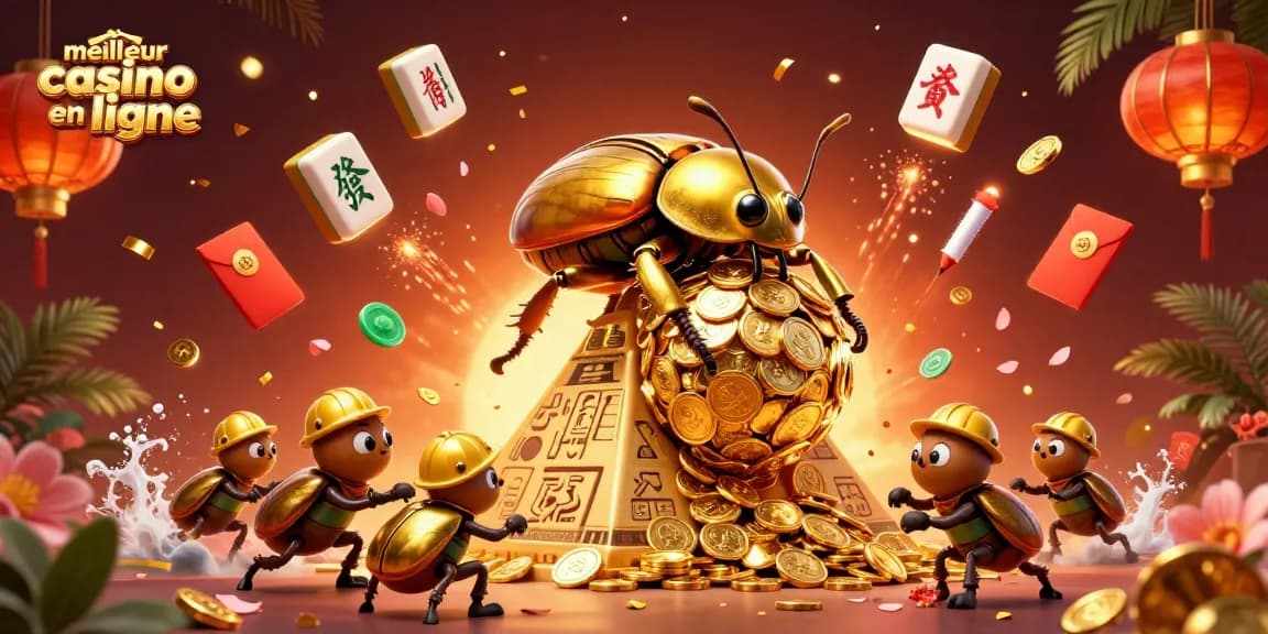 Visualisez le meilleur casino en ligne avec des scarabées dorés, des pièces d'or et des éléments de casino.