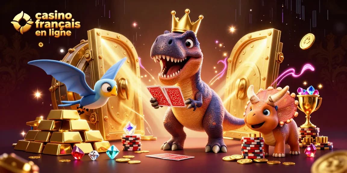 Visitez casino francais en ligne : T-Rex amusant joue aux cartes, pendant que le tricératops empile des jetons dorés.