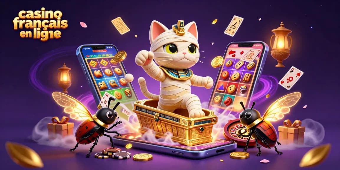 Jouez à un casino français en ligne avec une illustration dynamique et colorée d'un chat momie égyptien.