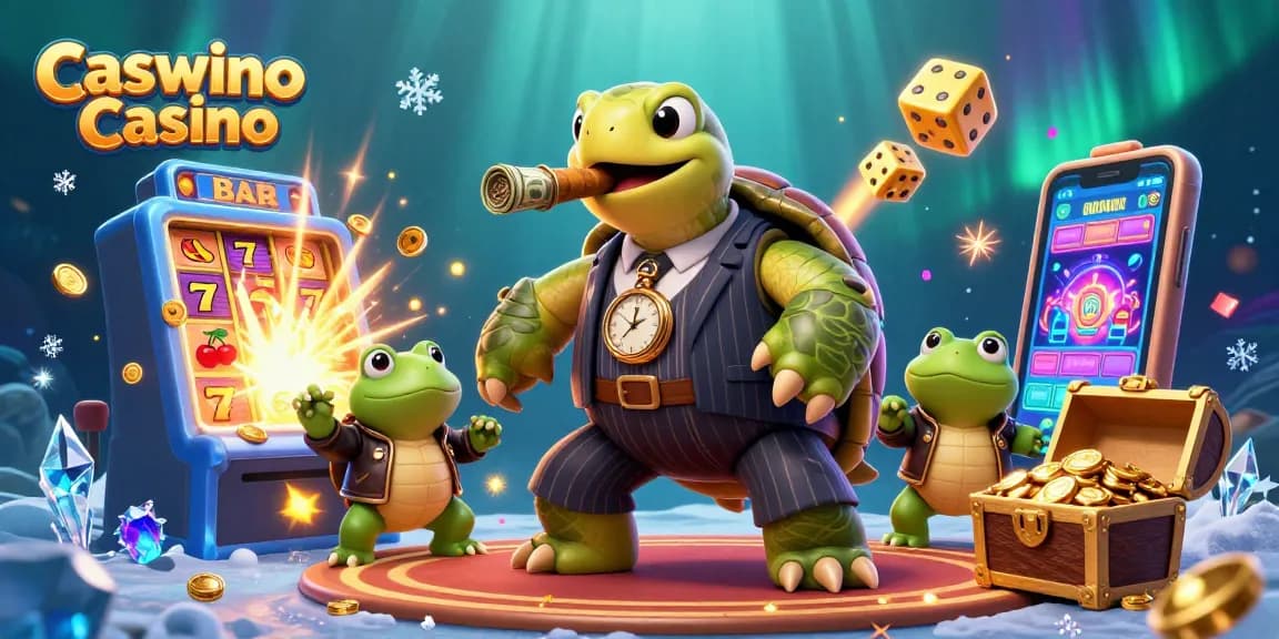 Engaging Caswino Casino scene with turtle mobster and bullfrogs amid vibrant gaming elements.