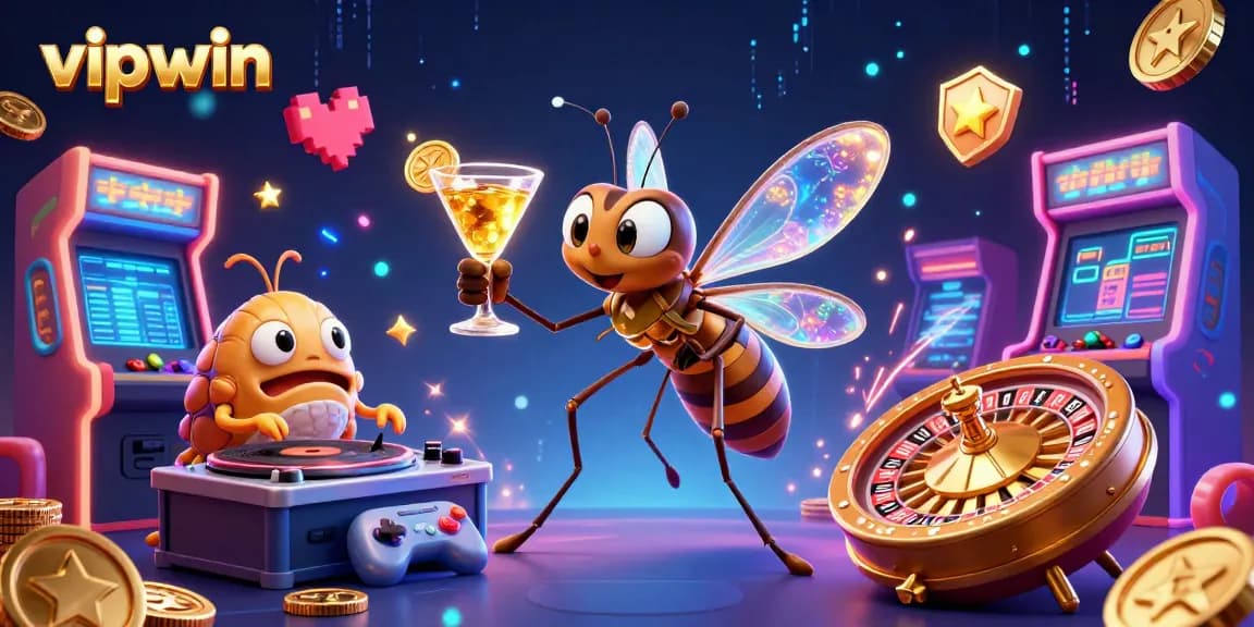 Experience vipwin's vibrant casino energy with a lively 3D scene featuring unique characters and rich gaming elements.