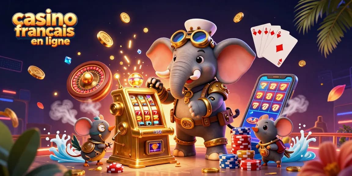 Découvrez une illustration dynamique d'un casino français en ligne avec un éléphant ingénieur steampunk et des machines à sous.