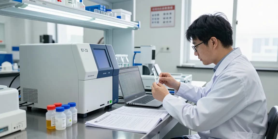 Scientist preparing b7-33 for sale in a laboratory setting, focusing on analytical equipment.