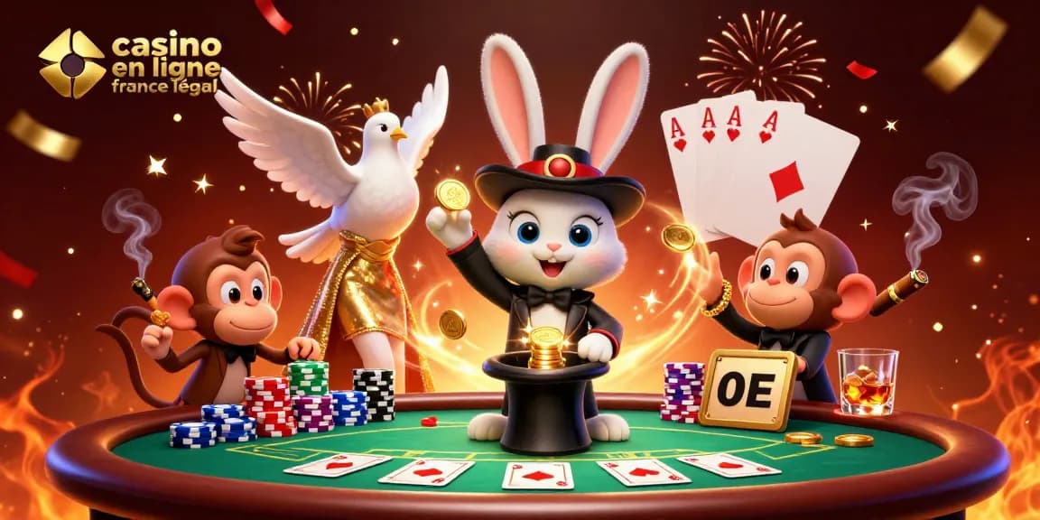 Jouer sur un casino en ligne en France légal, avec une illustration de magicien et des jetons de poker