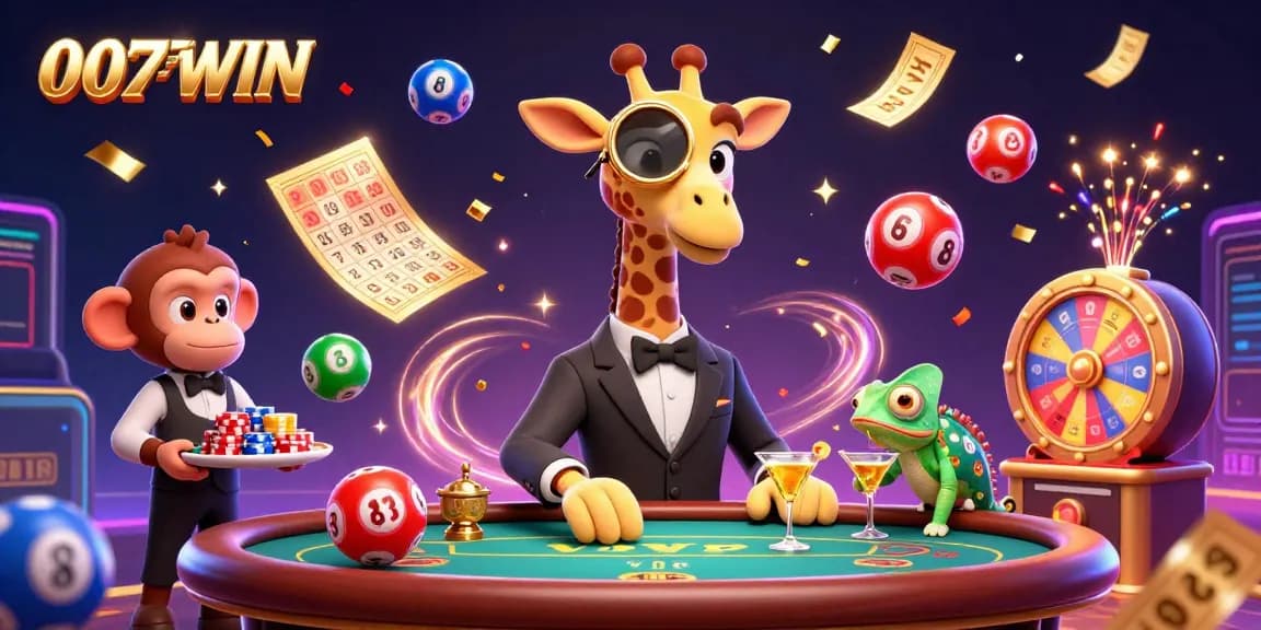Engage in thrilling games at 007WIN with high-roller giraffe and casino elements in 3D illustration.