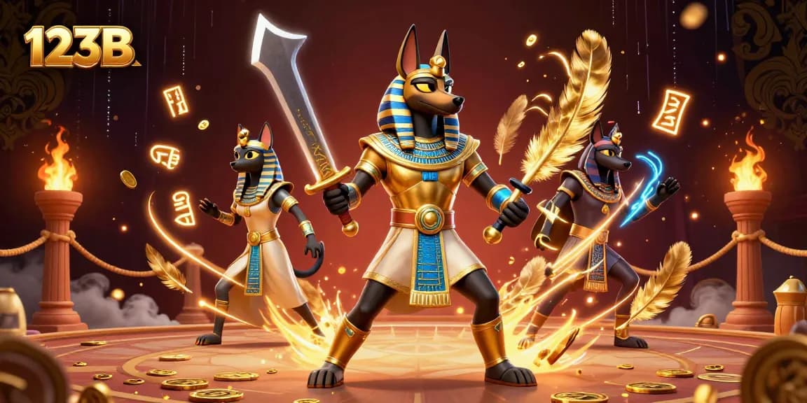 Engage in thrilling gameplay at 123B with a dynamic scene of Anubis and Bastet amidst glowing casino elements.