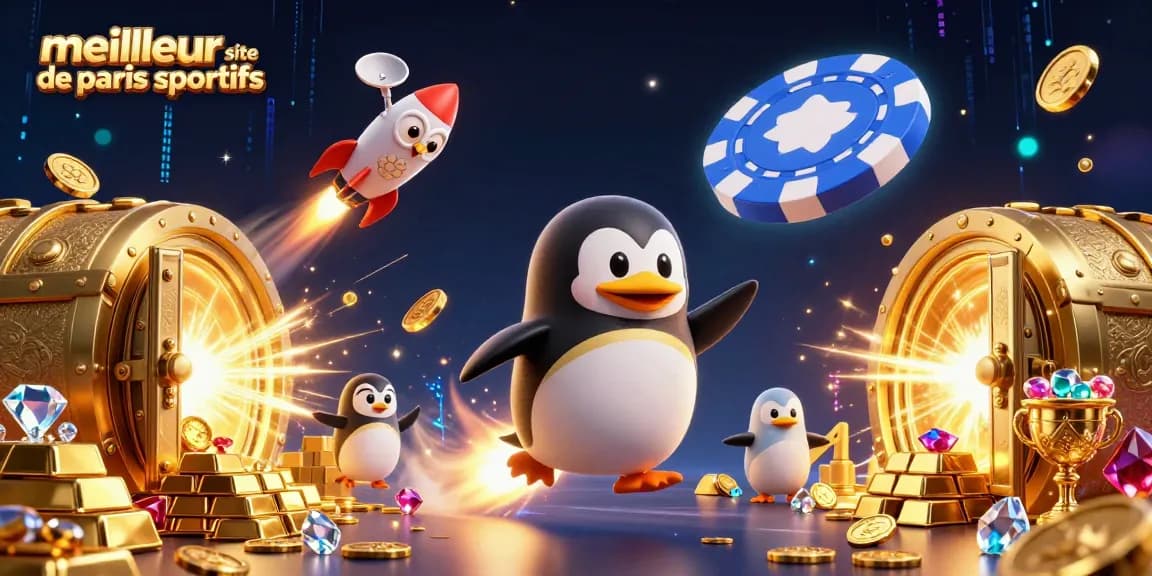 Découvrez le meilleur site de paris sportifs avec un pingouin doré en fusée dans un univers spectaculaire.