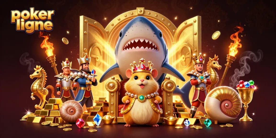 Jouez au poker en ligne avec le roi hamster sur son trône de dent de requin, entouré de trésors.