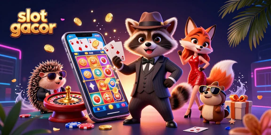 Engage with slot gacor action as a suave raccoon, fox lady, and hedgehog bouncer celebrate in a vibrant casino scene.