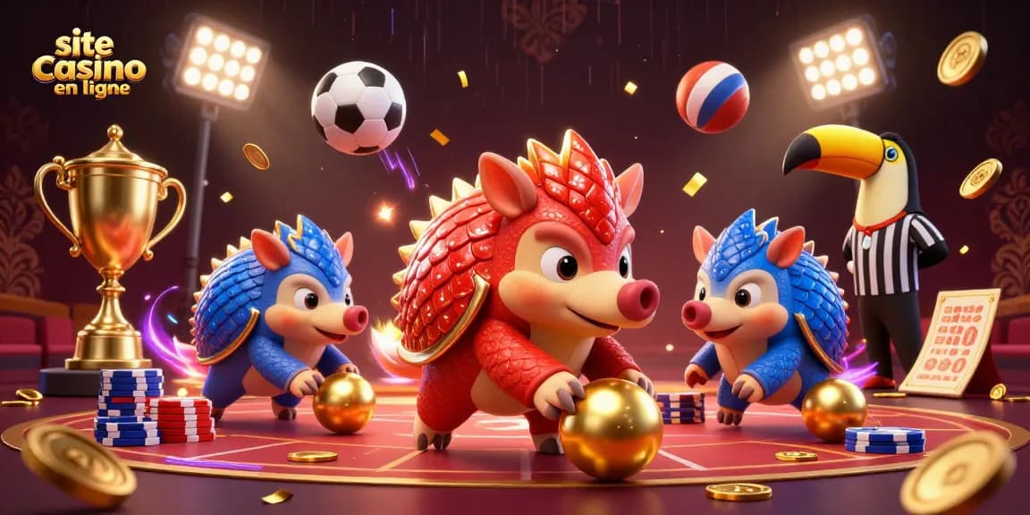 Jouer sur un site casino en ligne avec des pangolins rivalisant au bowling parmi des jetons de poker.