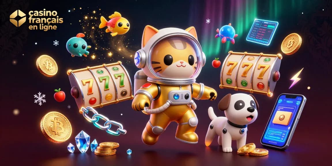 Jouez à des jeux au casino français en ligne avec une illustration de chat astronaute et des symboles de jackpot.