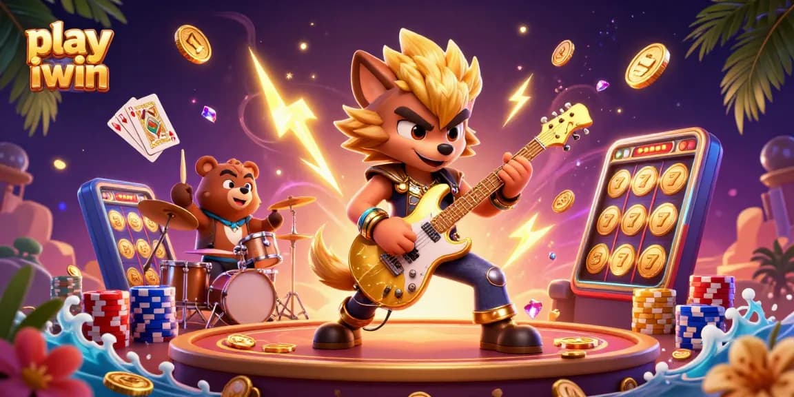 Play iwin with a fun 3D cartoon scene showcasing gaming excitement and vibrant casino elements.