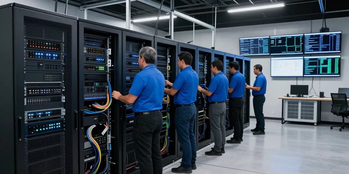Dedicated servers en Mexico in a high-tech data center environment with technicians managing server hardware.