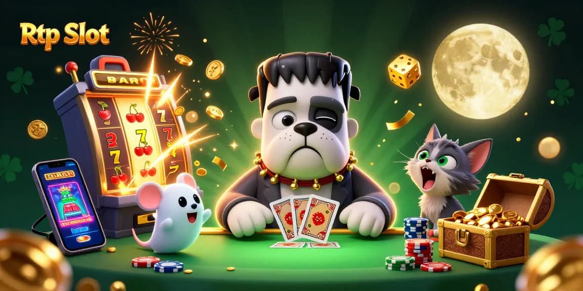 Play Rtp Slot with a lively 3D scene of a bulldog monster and friends amidst jackpot symbols and glowing elements.