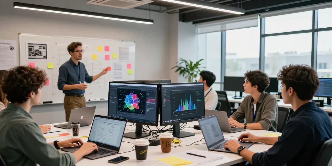 Team brainstorming generative AI solutions in a modern tech workspace, showcasing collaboration.
