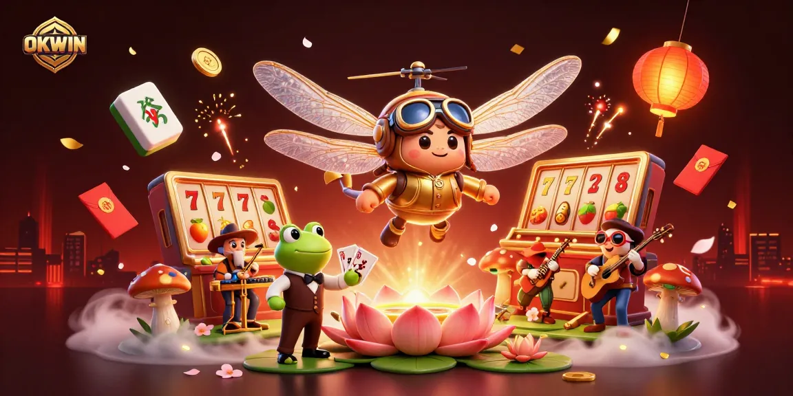 OKWIN slots come alive in this vibrant 3D scene featuring a dragonfly pilot, frog croupier, and lively jazz musicians.