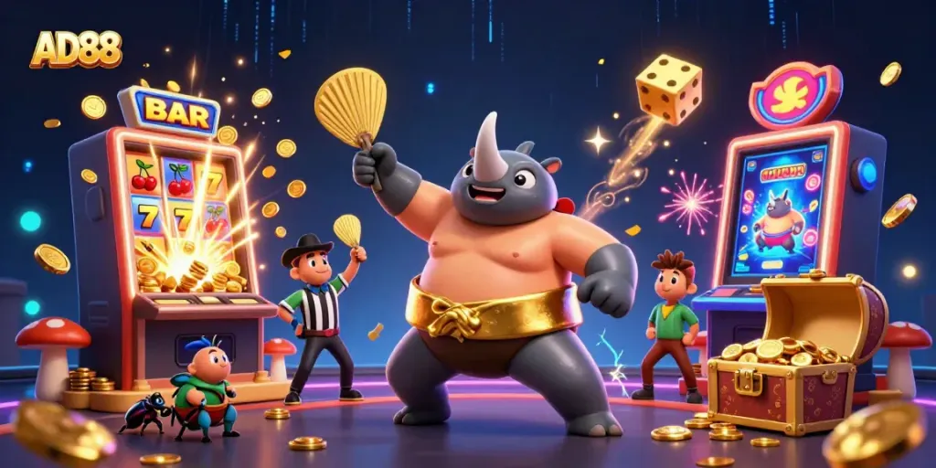 Experience thrilling wins at AD88 with a sumo champion beetle amid explosive casino excitement.