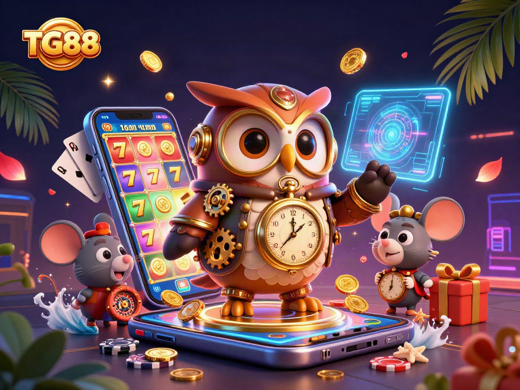 Experience TG88's thrilling casino adventure with a vibrant owl and mouse, showcasing dynamic slot games.