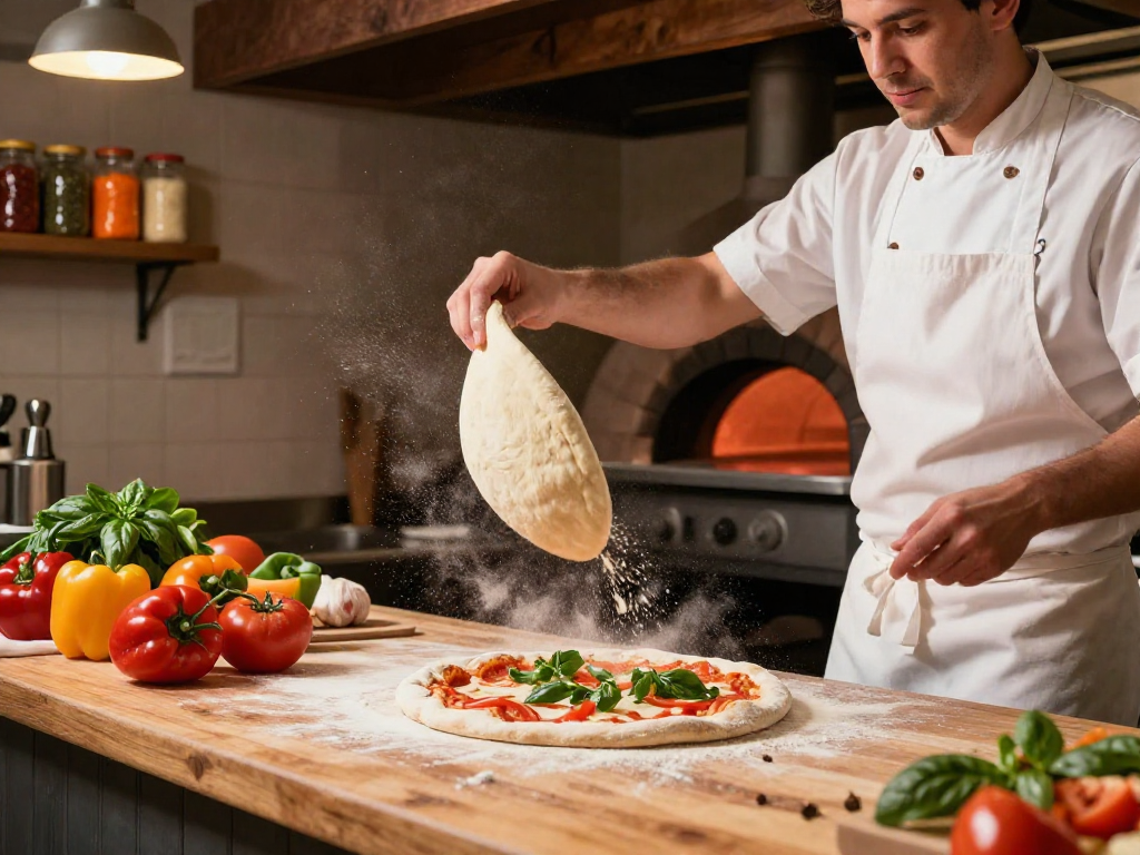 Chef tossing pizza dough in a vibrant pizzeria kitchen, showcasing the art of slot preparation.