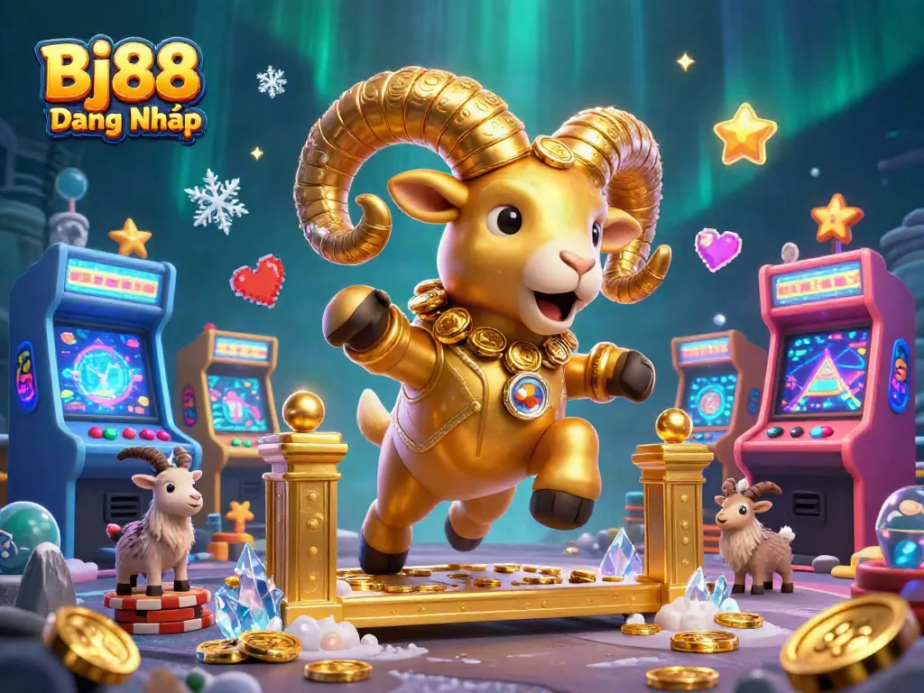 Engage in Bj88 Đăng Nhập with the golden ram charging through an exciting casino-themed world.