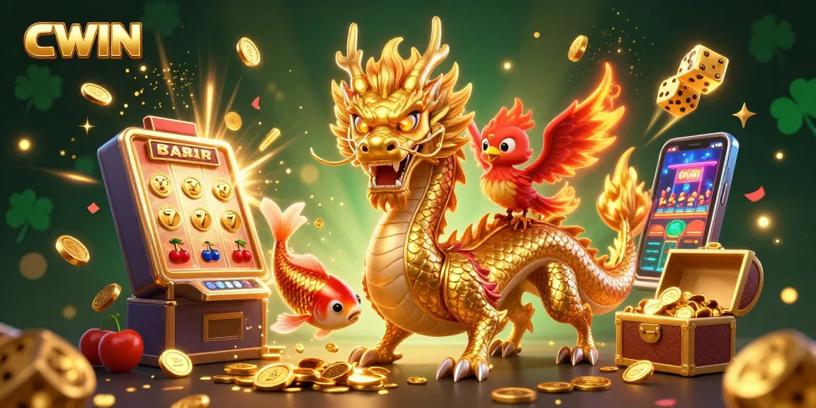 Experience thrilling wins at CWIN Casino with a vibrant scene featuring a dragon, phoenix, and koi amidst slot machines and coins.