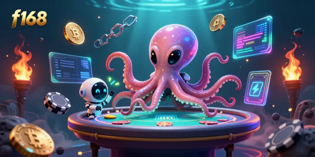 Join the f168 alien octopus in a cosmic poker game surrounded by crypto elements and vibrant visuals.