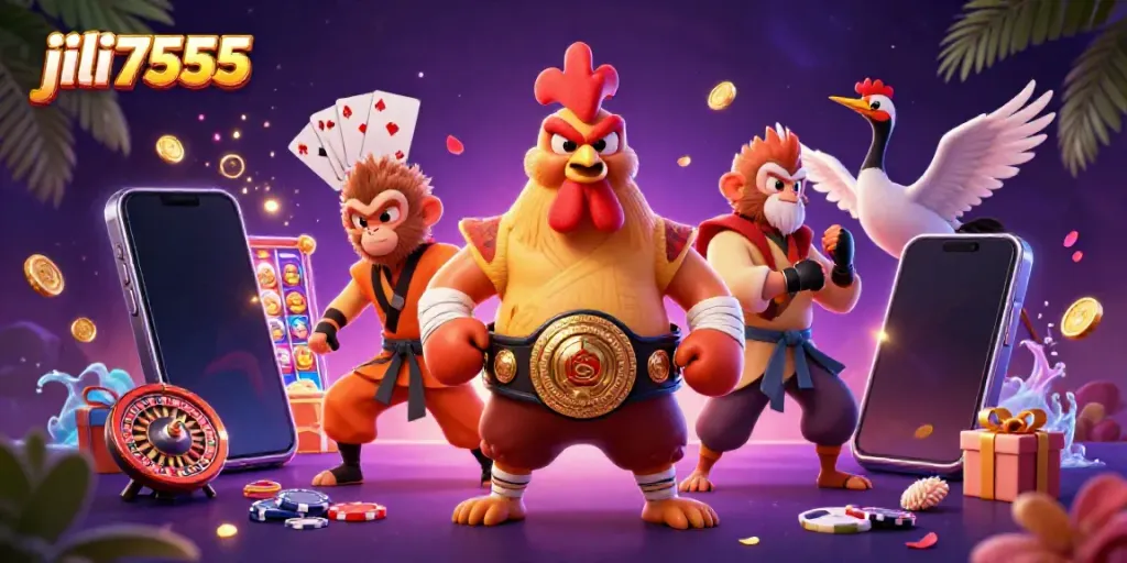 Experience vibrant gameplay and excitement with jili7555 through this dynamic casino-themed illustration.