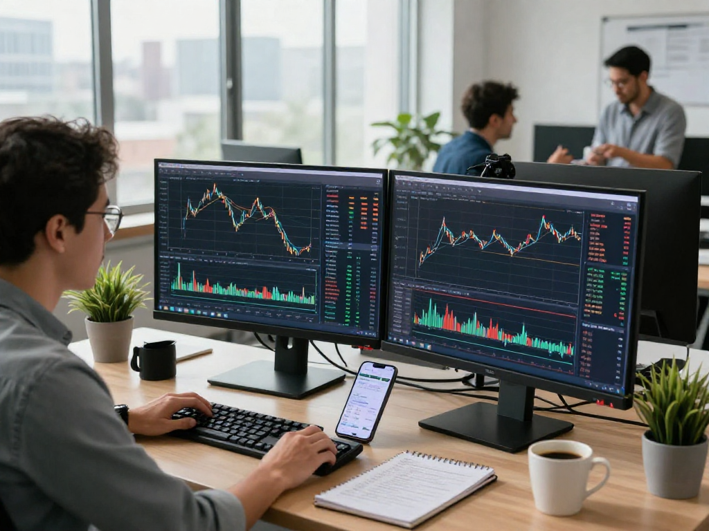 Traders using TradingView charts in a vibrant office, emphasizing market analysis.
