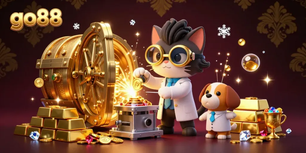 Experience fun and excitement at go88 with cartoon characters in a lavish casino setting surrounded by treasures.