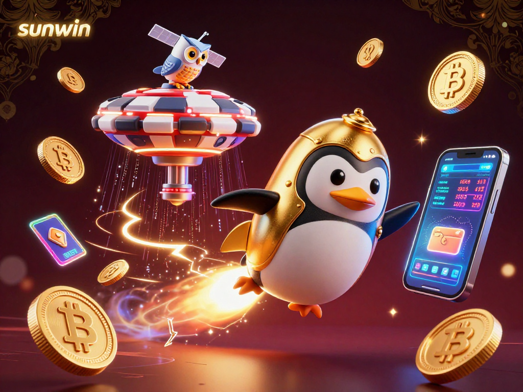 Sunwin's vibrant casino scene features a golden penguin amid Bitcoin and Ethereum elements.