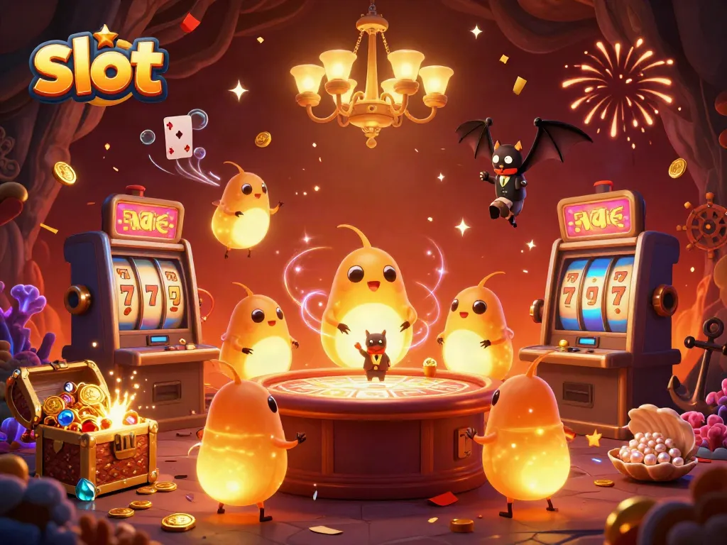 Engaging illustration of glimmering slot machines surrounded by glowing creatures in a vibrant cave casino.