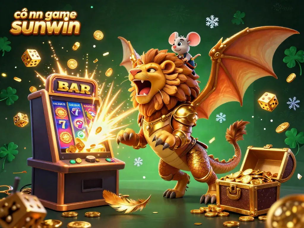 Cổng game sunwin showcases a majestic chimera and mouse jockey amidst a dynamic casino scene filled with gold coins and jackpots.