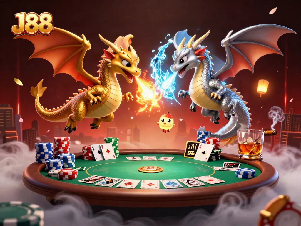Engage with J88 poker excitement through dynamic dragon illustration and casino scene.