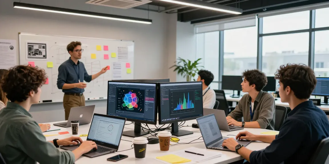 Team brainstorming generative AI solutions in a modern tech workspace, showcasing collaboration.