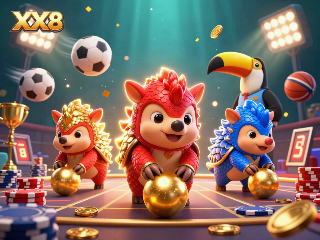 Engage with XX8 strategies while rival pangolins compete in a colorful casino scene.